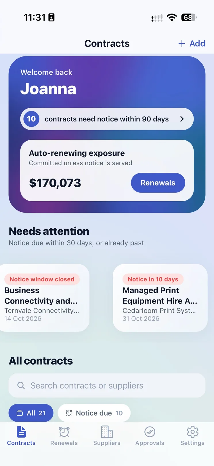 The Timemy app Contracts screen, showing ten contracts needing notice within 90 days and total auto-renewing exposure.