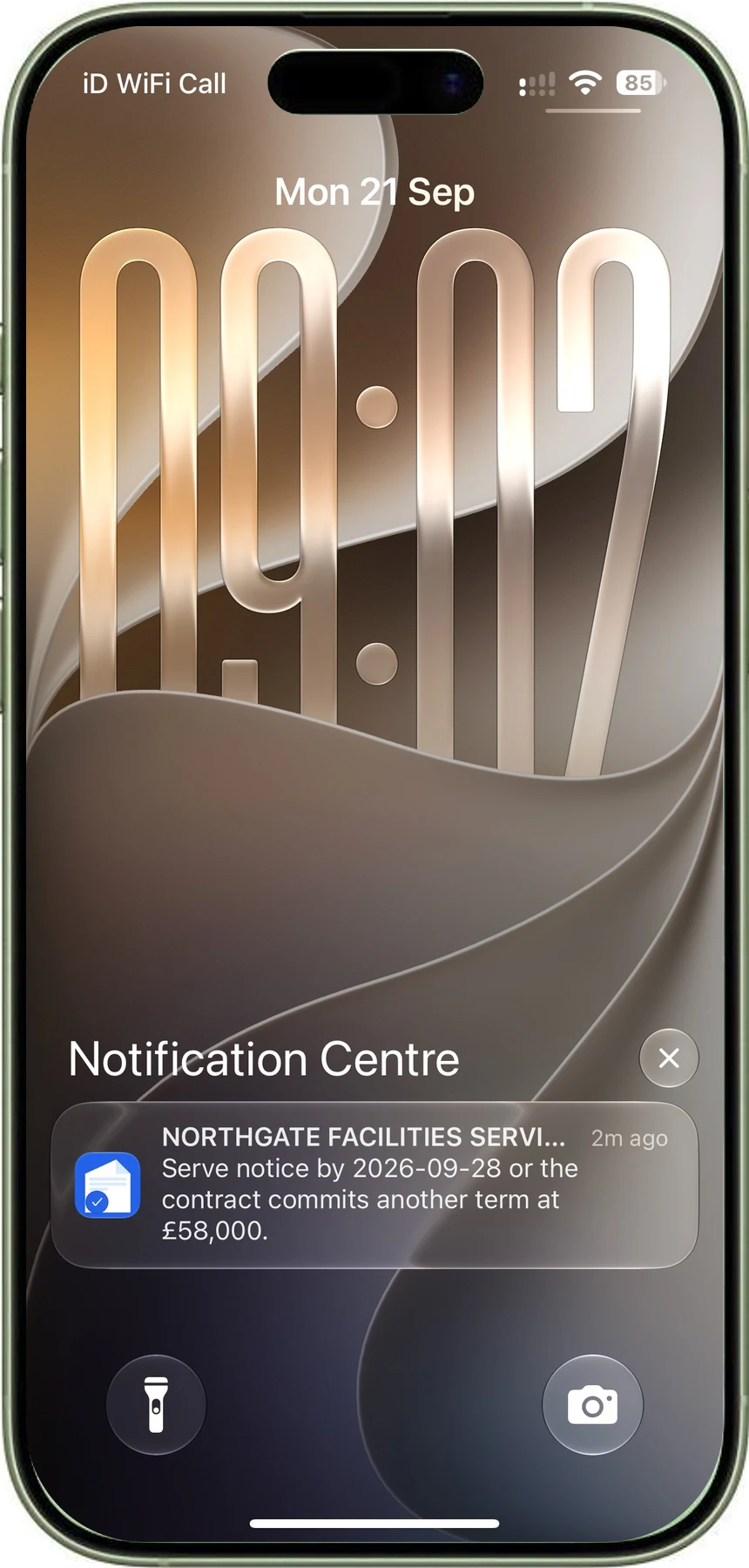 An iPhone lock screen showing a Timemy notification: serve notice by 28 September or the contract commits another term.
